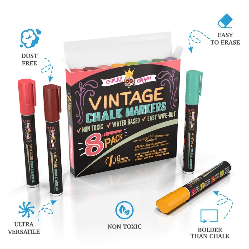 CHALKY CROWN Liquid Chalk Markers - Dry Erase Marker Pens - Chalk Markers for Chalkboards, Signs, Windows, Blackboard, Glass - Reversible Tip (8 Pack) (Vintage, 6mm) - Image 5